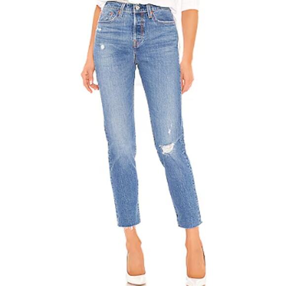 Levi's Wedgie Icon Fit Jeans Distressed Raw Hem High Rise Tapered Denim Blue 27 - Picture 1 of 7